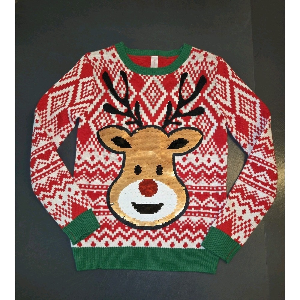 No Boundaries Reindeer Flip Sequin Fair Isle Christmas Sweater Red Green Small